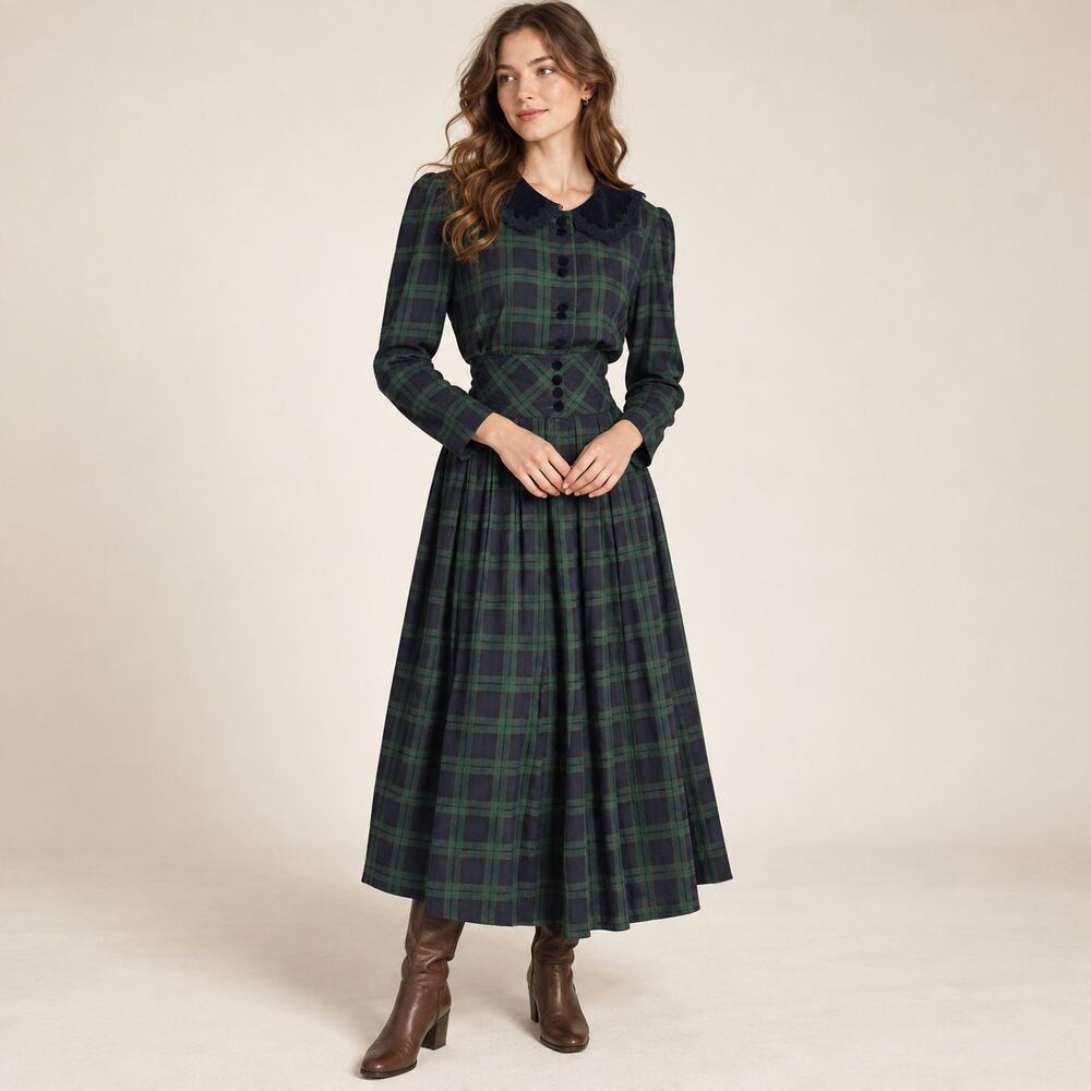 Vintage 80s LGS Navy Green Plaid Rayon Midi Dress Cottagecore Size 10